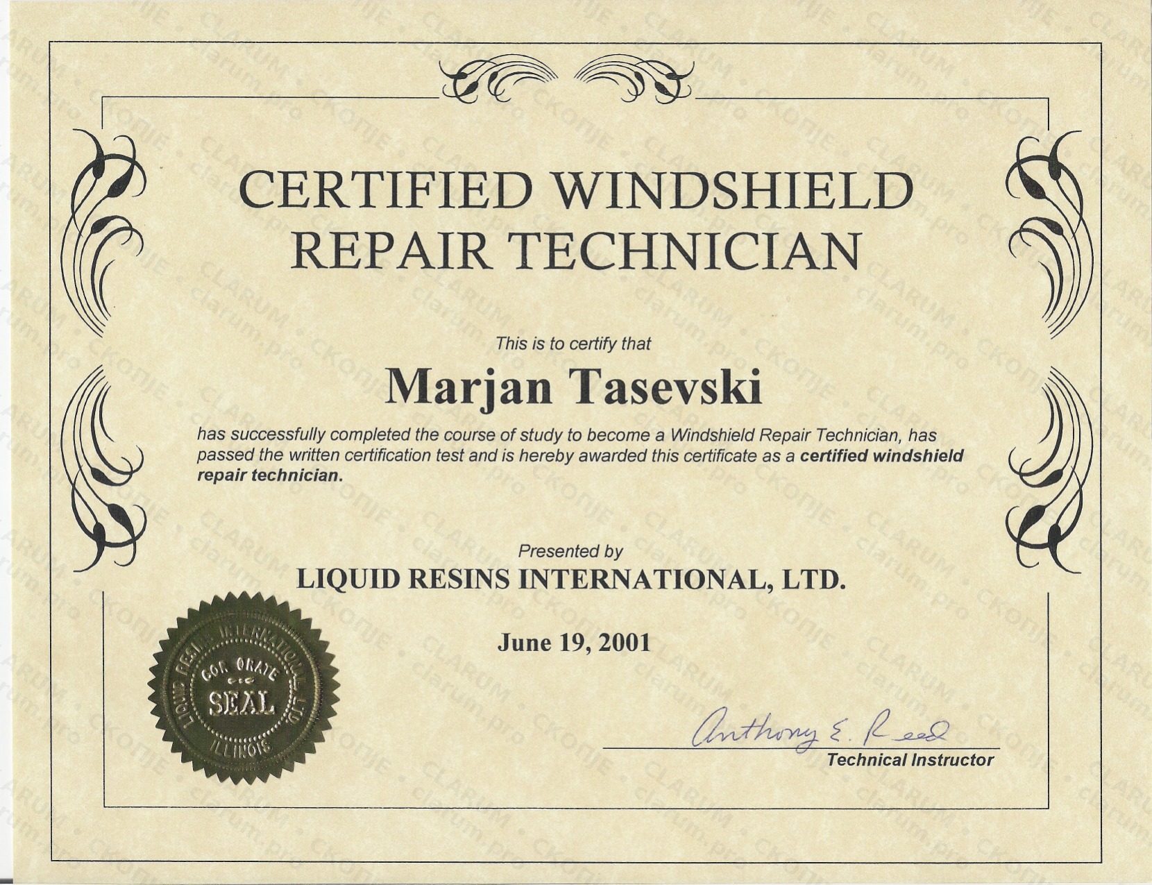 Certified Windshield Repair Technician — Marjan Tasevski, Liquid Resins International 2001